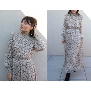 English Factory‎ Dress Floral Mock Neck Maxi Back keyhole Women's Size S Beige